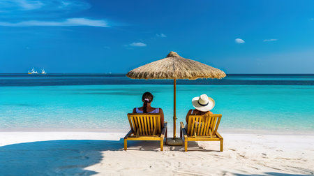 Couple sitting on sun loungers on tropical beach at Maldivesの素材