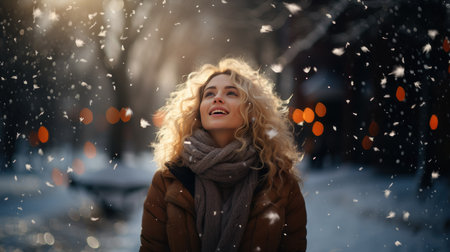 Portrait of a beautiful young woman with curly blonde hair in a brown coat on the background of a winter streetの素材