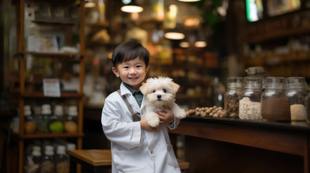 Little boy playing with pomeranian dog in the pet shop.の素材