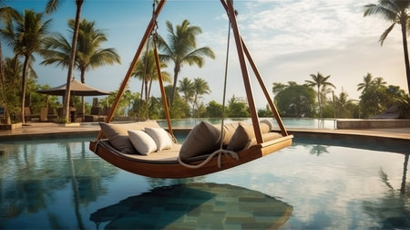 Relaxing on a hammock by the swimming pool. 3d renderingの素材