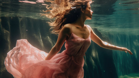 Beautiful young woman in a pink dress underwater in the ocean.の素材