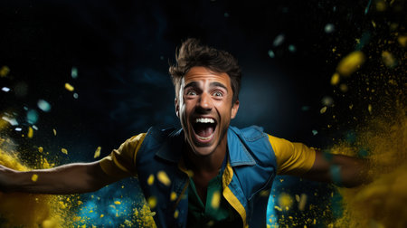 excited football fan in yellow jersey jumping with yellow particles on blackの素材
