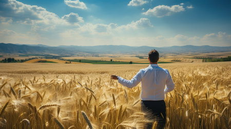 Rear view of businessman standing in wheat field and looking at horizonの素材