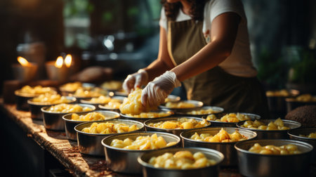 Close up of female hands preparing thai dessert in a restaurant.の素材
