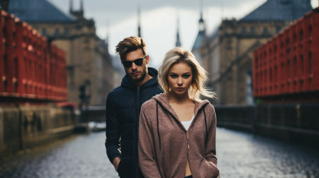 Beautiful young couple in love walking on the street of London.の素材