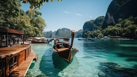 Traditional Thai longtail boats in the sea, Krabi, Thailandの素材