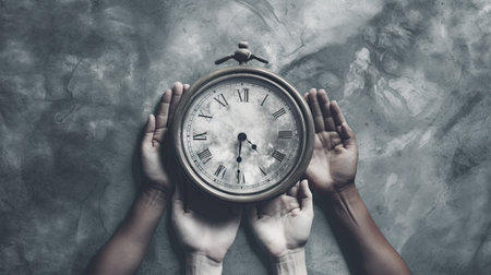 Hands holding vintage clock on grunge background. Time management conceptの素材