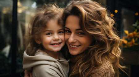 selective focus of happy mother and daughter looking at camera in cafeの素材