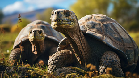 Two giant tortoises in the nature. 3d rendering.の素材