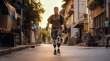 Young man with prosthetic leg walking on the street at sunset.の素材