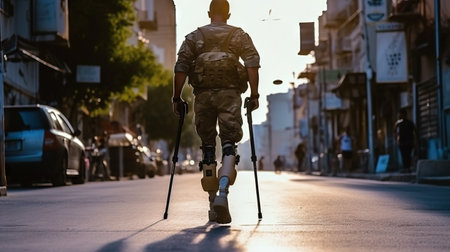 Injured man with crutches walking on the street in the eveningの素材