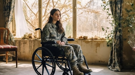 Young woman in a wheelchair in the interior of a country house.の素材