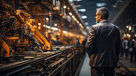Industrial worker standing in the middle of the factory and looking aheadの素材