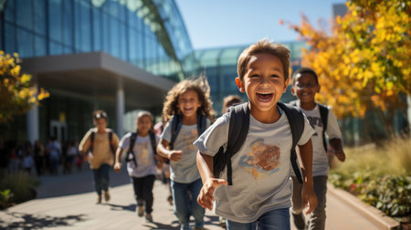 Group of school kids with backpacks and backpacks running in the streetの素材