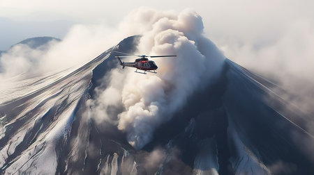 Helicopter flying over the volcano. 3D render illustration.の素材
