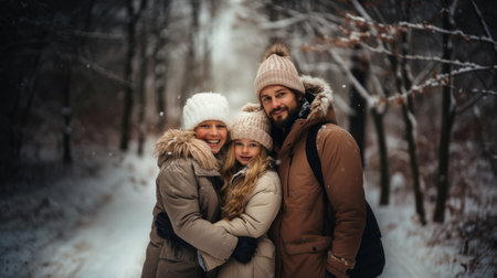 Happy couple in love walking in the winter forest. Winter holidays.の素材