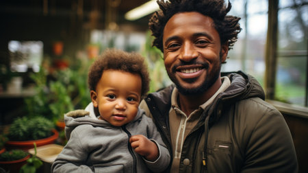Portrait of happy African American man with his little son in the greenhouseの素材