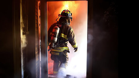 firefighter extinguishing a fire in a building with smoke and flamesの素材