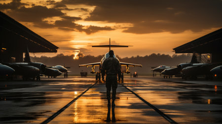 Silhouette of a pilot standing on an airplane platform at sunsetの素材