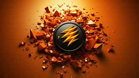 Highly rendering of electric power button with explosion effect on orange backgroundの素材