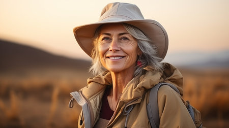 Portrait of happy senior woman standing in field with backpack at sunsetの素材