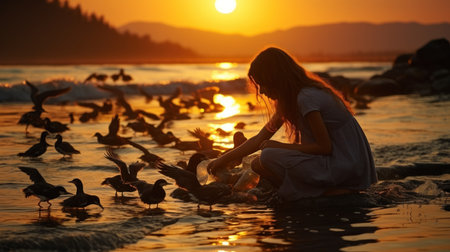 Young woman sitting on the beach at sunset and feeding wild ducks.の素材