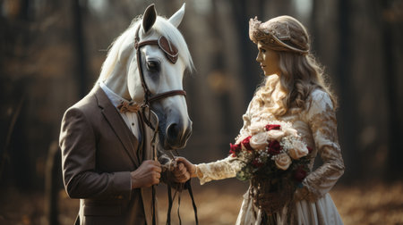 Wedding couple in love with a white horse in the autumn forestの素材