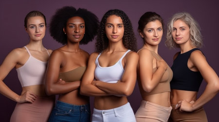 Group of young women in sportswear posing on purple background.の素材