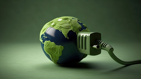 Green energy concept with earth globe and plug on green background. 3D illustrationの素材