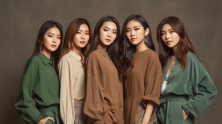 Group of young asian women in casual clothes posing in studio.の素材