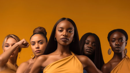Group of African American women with different skin color, isolated on orange backgroundの素材