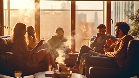 Group of friends having fun at home, drinking wine and smoking electronic cigaretteの素材