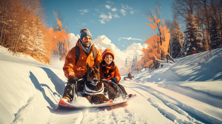 Happy couple riding a sledge in the winter forest. Winter holidays.の素材