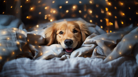 Cute Golden Retriever lying on the bed with Christmas lightsの素材