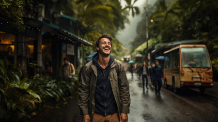 Portrait of a handsome young man smiling at the camera while walking on a rainy dayの素材