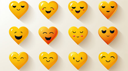 Set of cute yellow hearts with smiley faces. Vector illustration.の素材