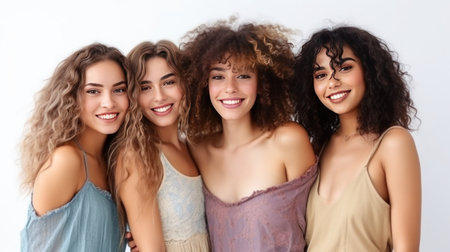 Group portrait of beautiful multiethnic women with different hairstyles and makeupの素材