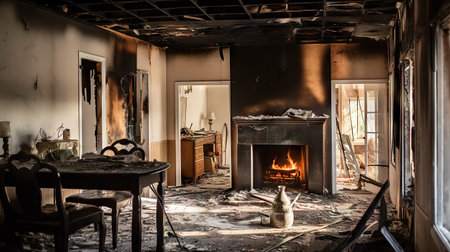 Interior of an old abandoned house with a burning fireplace in the foregroundの素材