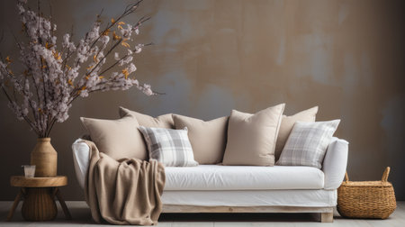 Living room interior with sofa, wicker basket and flowers. 3d renderingの素材