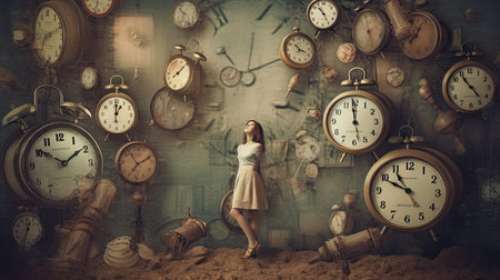 Portrait of a beautiful young woman in a short dress standing in front of a wall full of old clocksの素材