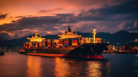 Container ship in the harbor at sunset, Shipping and logistics concept.の素材