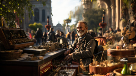 Portrait of an elderly man selling souvenirs at a flea marketの素材
