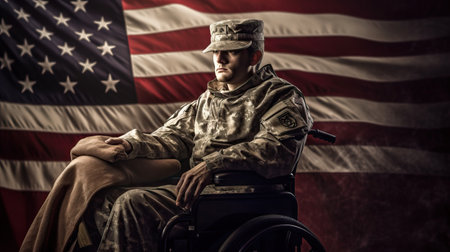 Portrait of a young soldier sitting in a wheelchair against the american flagの素材