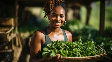 Portrait of smiling african american woman holding basket with fresh spinachの素材