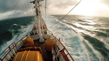 View from the deck of a cruise ship during a stormy day.の素材