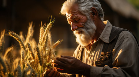 Portrait of senior farmer in wheat field at sunset. Selective focus.の素材