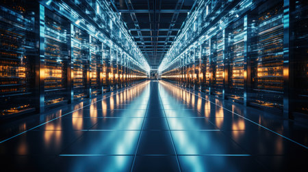 server room data center with blue light and blur motion 3d renderingの素材