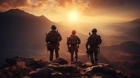 3D render of a group of soldiers in the mountains at sunsetの素材