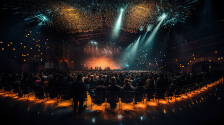 Crowd of people and fireworks in a concert hall at night.の素材
