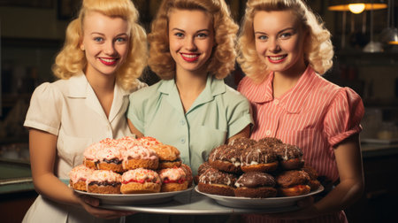 Beautiful young women holding tray with cakes and donuts in cafeの素材
